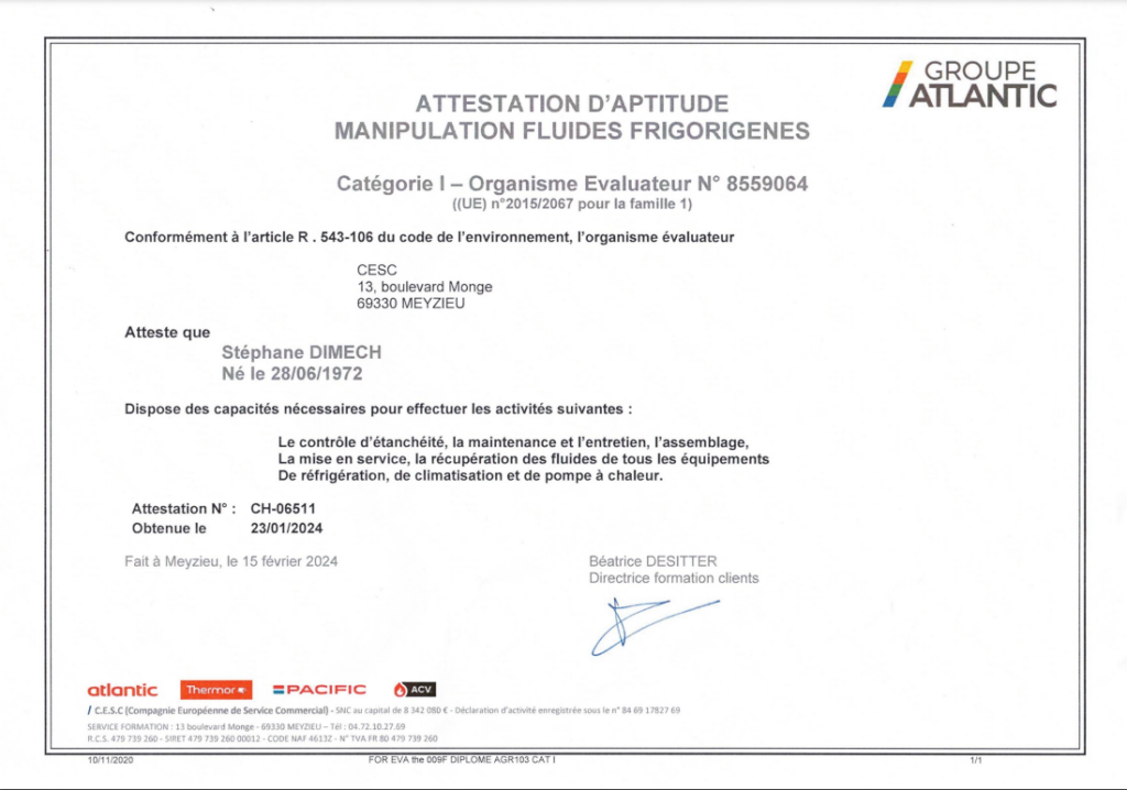 attestation des fluide
